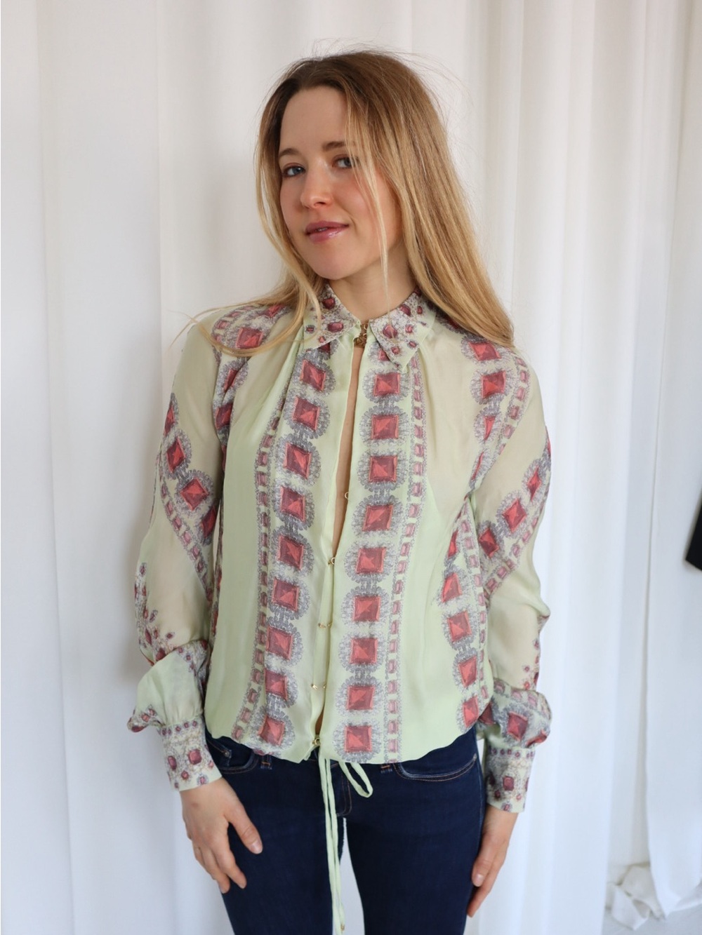 Roberto Cavalli Light Green Blouse with Pink Gem Motif